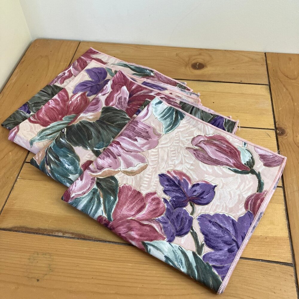 Pink Floral Cloth Napkins Reusable Washable 17" Square Vintage 90s Set of 4